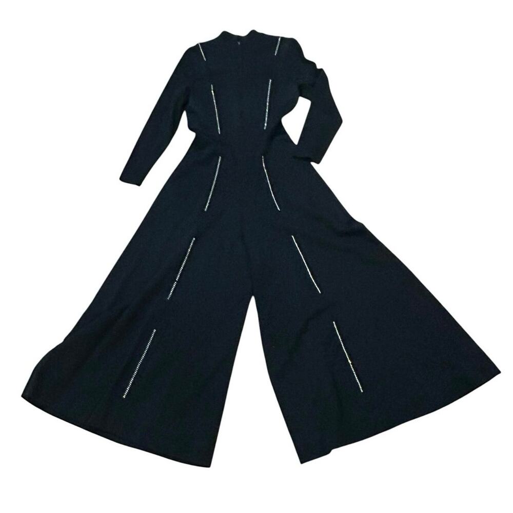 Vintage 70s Disco Palazzo Jumpsuit Black Rhinestone Wide Leg Maxi S Small Glam -